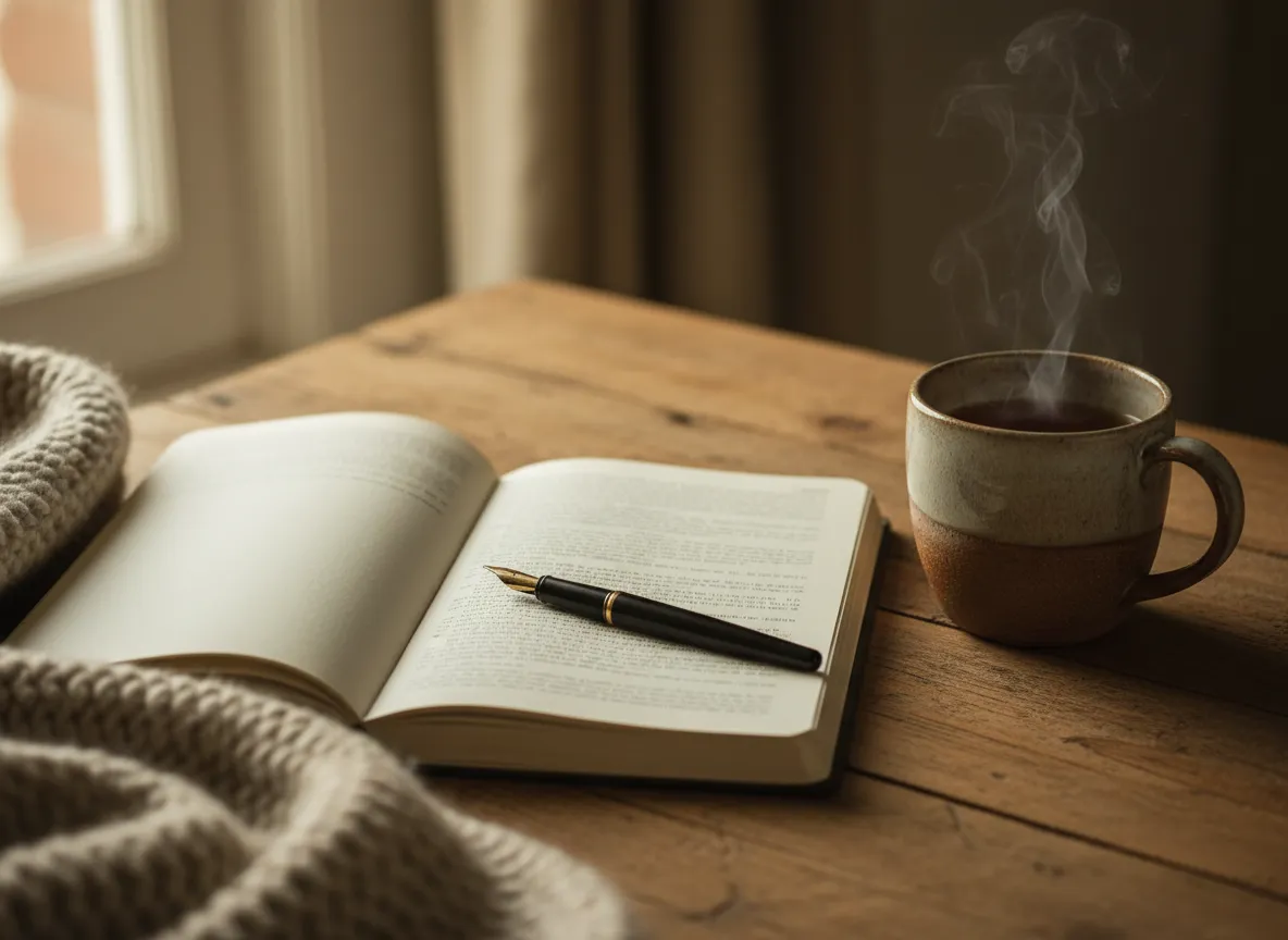 Notebook and warm drink on a wooden table symbolizing rebuilding and reflection